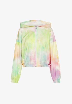 Huppari, jossa on vetoketju ja huppu, pastellinsävyisessä sidontatekniikassa, jossa on vihreitä, keltaisia, vaaleanpunaisia ja oransseja kuvioita; joustavat hihansuut ja helma sekä pehmeä rakenne.