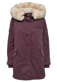 Bordowa kurtka parka z kapturem obszytym sztucznym futrem, zapięciem na zatrzaski z przodu oraz bocznymi kieszeniami. Posiada kieszeń na piersi oraz ściągacze przy mankietach.