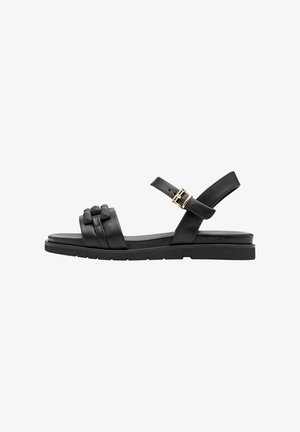 Sandales en cuir noir avec trois brides horizontales, une sangle de cheville ajustable avec un matériel doré et une semelle en caoutchouc plate.