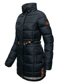 Navy padded coat with a high collar, brown leather accents, drawstring waist, and zippered pockets. Features quilted texture and soft lining.