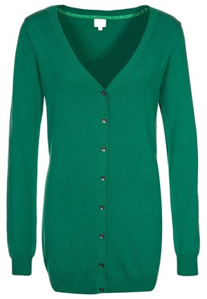Grüner langärmeliger Cardigan mit V-Ausschnitt und einer vorderen Reihe schwarzer Knöpfe, mit gerippten Bündchen und Saum.
