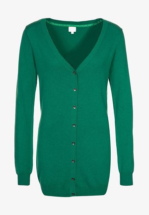 Zelený kardigan s dlouhými rukávy, výstřihem do V a řadou černých knoflíků vpředu, s žebrovanými manžetami a lemem.