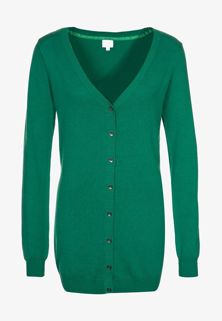 Cardigan vert à manches longues avec col en V et une rangée de boutons noirs sur le devant, poignets et ourlet côtelés.