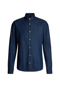 Camicia in denim blu scuro con colletto classico, maniche lunghe, chiusura a bottoni e bottoni in argento. Tessuto liscio con una leggera lucentezza.