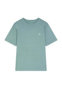 T-shirt en coton vert clair avec un col rond et des manches courtes. Présente un petit logo de tête de mort et os croisés sur la poitrine gauche.