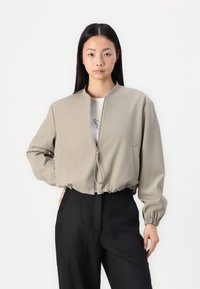 Giacca bomber grigia chiara con colletto rotondo, chiusura con zip, vita e polsini elastici. Presenta tasche laterali e una texture del tessuto liscia.