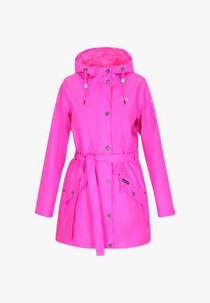 Leuchtend pinke wasserdichte Jacke mit Kapuze, vorderen Druckknöpfen, zwei Klappentaschen und einem Taillengürtel für eine verstellbare Passform.