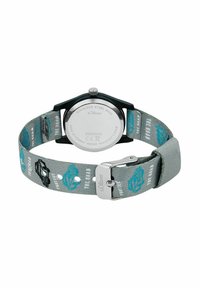 Schwarze Edelstahl-Uhr mit grauem Stoffarmband. Das Armband verfügt über blaue und schwarze grafische Muster sowie eine silberne Schnalle zur Anpassung.