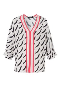 Blouse blanche avec des motifs en vagues noirs et gris ; présente un décolleté en V profond et des rayures verticales roses ; manches trois-quarts avec des bords volants.