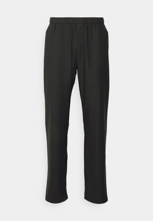 Pantaloni neri con vita elastica e tasche laterali; tessuto liscio, design a gamba dritta e senza modelli visibili o dettagli in metallo.