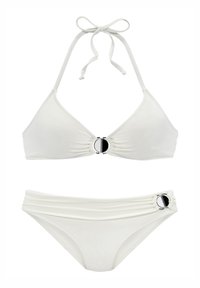 White bikini set featuring a halter top with a silver accent ring and ruched detail, paired with high-waisted bottoms with side ring detail.