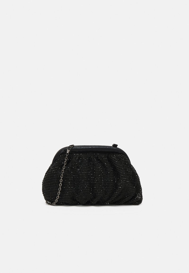Musta helminauhoilla varustettu clutch-laukku, jossa on kokoontunut ulkopinta, hopeaketjuolkapanta ja kehys yläosassa. Ominaisuuksiin kuuluu sileä pinta, jossa on kiiltävää koristetta.