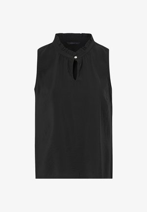 Black sleeveless blouse with ruffled high neckline and keyhole front secured by a small decorative button.