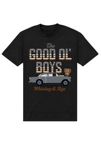 Sort T-shirt med et grafisk design af en vintage grå bil og tekst, der lyder "The Good Ol' Boys Whiskey & Rye" i kraftige farver.