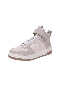 Hochformat Sneaker aus hellbeigem und weißem Leder mit strukturierten Akzenten, durchlöchertem Zehenbereich und Klettverschluss. Gummisohle mit dezenten Details.