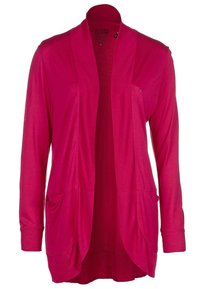 Långärmad cardigan i livfullt rosa, tillverkad av lättviktsmaterial. Har öppen framsida, två sidfickor och en avslappnad passform.