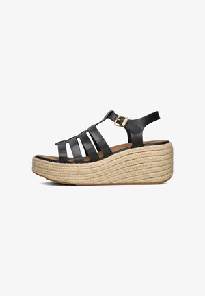 Zwarte leren wedge sandalen met meerdere banden, natuurlijke jute touw middenzool en een kleine gouden sluiting op de enkelband.
