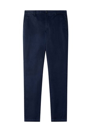 Marineblaue Hose mit geradem Bein, Gürtelschlaufen, Seitentaschen und Knopfverschluss auf weißem Hintergrund.