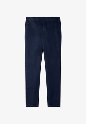 Marineblaue Hose mit geradem Bein, Gürtelschlaufen, Seitentaschen und Knopfverschluss auf weißem Hintergrund.