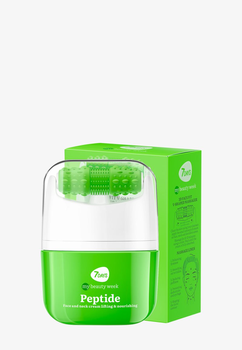 Prodotto per la cura della pelle verde con una sezione superiore trasparente contenente due rulli testurizzati e una base verde con l'etichetta "Peptide" in bianco. La confezione è di un verde brillante.