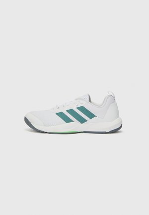 Biały sportowy sneaker z trzema zielonymi paskami po boku, szarą podeszwą i pętelką na pięcie, pokazany od zewnętrznej strony.