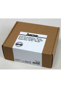 Braune Pappschachtel mit Hama On-Ear-Stereo-Kopfhörern, beschriftet mit Produktdetails und Zertifikaten, mit einer weißen Vorderseite.