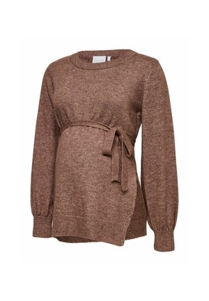 Brun strikket graviditetstrøje med lange ærmer, rund hals og bindedetalje i siden for justerbar pasform.