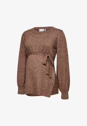 Pruun kootud rasedusvaba kampsun pika varrukaga, ümmarguse kaelusega ja külgtie detailiga reguleeritava sobivuse jaoks.