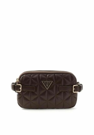 Borsa a tracolla in pelle trapuntata marrone scuro con fibbie color oro e targhetta con logo Guess USA al centro frontale.