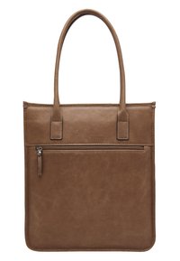 Braune Ledertasche mit glatter Oberfläche, ausgestattet mit zwei Griffen, einer vorderen Reißverschlusstasche und kontrastierenden Nähten an den Kanten.