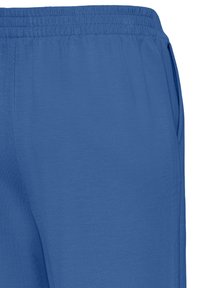 Modré športové nohavice majú elastický pás a bočné vrecká, sú vyrobené z hladkej látky s jemným leskom a majú voľný strih.