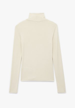 Maglione a maniche lunghe con colletto alto in crema, realizzato in un materiale morbido. Presenta un design aderente con maniche senza cuciture e un collo alto.
