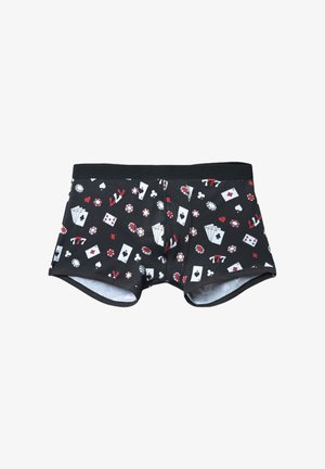 Czarne boxerki z motywem hazardowym w odcieniach czerwieni, bieli i czerni, w tym karty do gry, żetony pokerowe oraz symbole 777.