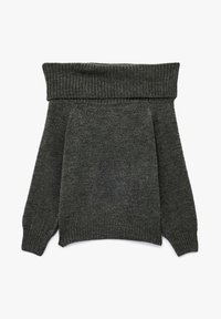 Mørkegrå off-the-shoulder sweater med ribbet halsudskæring og manchetter, lavet af blødt materiale, med en afslappet pasform og lange ærmer.