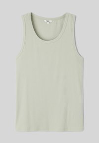 Débardeur côtelé vert clair avec un col rond et sans manches, présentant une texture lisse et un design simple, sans ornement.