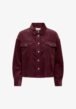 Burgundská kordová bunda s límcem, zapínáním na knoflíky, dvěma náprsními kapsami a žebrovanými manžetami. Vertikální pruhy v textuře látky.