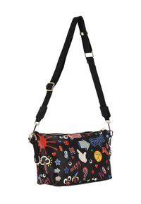 Fekete kézitáska játékos, többszínű grafikus mintákkal, cipzáras záródással, állítható pánttal és ezüstszínű fém kiegészítőkkel. Kompakt, téglalap alakú.