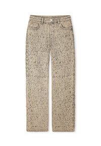 Jeans de pierna ancha beige con un patrón negro moteado, diseño de cinco bolsillos y cierre de botón, fabricados en material de mezclilla.