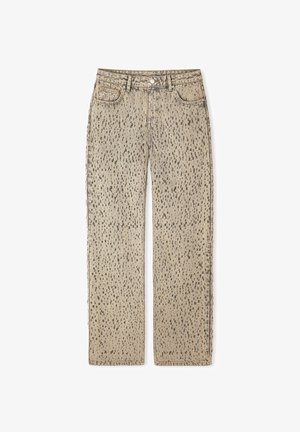 Beige wide-leg jeans featuring a speckled black pattern, five-pocket design, and a button closure, made of denim material.