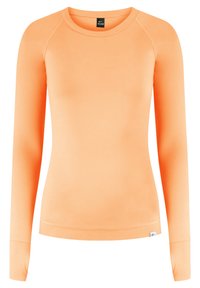 Langærmet orange skjorte med rund halsudskæring, glat overflade og tætsiddende design. Har diskrete sømme og et lille logo-mærke ved kanten.
