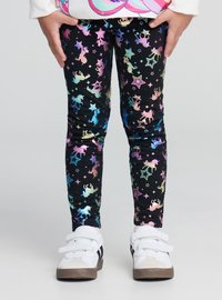 Leggings neri con stampa multicolore di unicorni e stelle. Realizzati in tessuto morbido, design aderente, con una texture liscia.