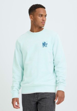 Hellgrüner Sweatshirt mit Rundhalsausschnitt. Verfügt über eine kleine blaue gestickte Grafik auf der Brust. Weiche Textur, lange Ärmel, lässige Passform.