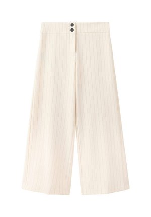 Pantalones anchos de color crema con finas rayas verticales y dos botones oscuros en la cintura, mostrados planos sobre un fondo blanco.
