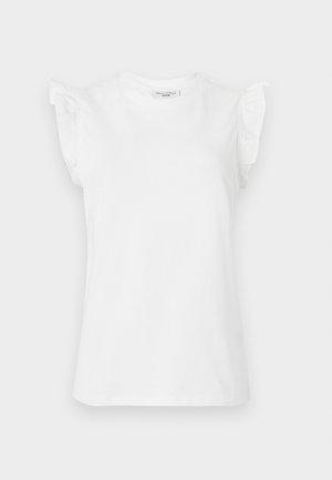 T-shirt bianco a maniche corte in cotone con dettagli a volant sulle spalle e scollatura rotonda. Texture liscia e vestibilità classica.