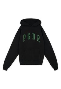 Felpa nera con cappuccio e testo verde "PGDR", tasca frontale e polsini a costine. Tessuto morbido, vestibilità comoda e design del cappuccio standard.