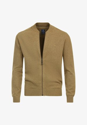 Khaki Zip-up-Cardigan aus glattem Strickmaterial, mit Rundhalsausschnitt und gerippten Bündchen. Enthält ein kleines Logo auf der Brust.