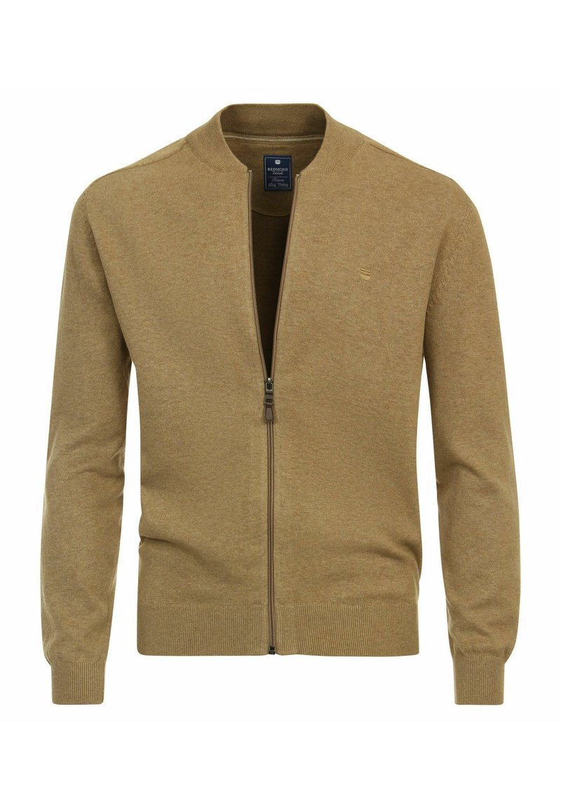 Khaki Zip-up-Cardigan aus glattem Strickmaterial, mit Rundhalsausschnitt und gerippten Bündchen. Enthält ein kleines Logo auf der Brust.