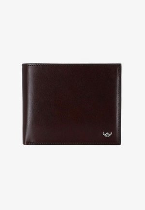 Portefeuille bi-pli en cuir marron foncé avec couture visible et un petit emblème de taureau argenté dans le coin inférieur droit.