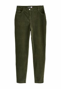 Olívazöld, slim-fit nadrág, puha kordbársonyból készült. Gombos záródással, övbújtatókkal, elülső zsebekkel és tapered lábbal rendelkezik.