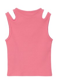 Geribbelde roze mouwloze top met een ronde halslijn en uitgesneden schouderdetails, met een aansluitende pasvorm en een gladde textuur.